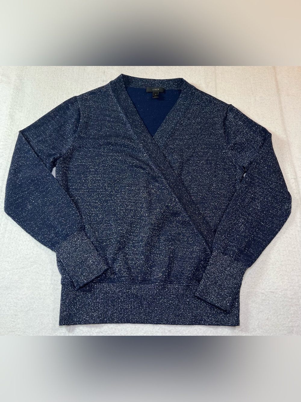 J.Crew Blue Metallic Lurex Merino Wool Faux Wrap Sweater Top Shimmer Size S
